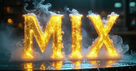 Aufkleber - Glowing text spells MIX. Golden letters emit light, surrounded by smoke. Reflections visible on wet surface below. Dramatic lighting creates intense mood.