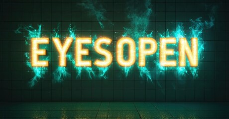 Aufkleber - Bright text EYES OPEN glows against dark teal tiled wall. Dramatic lighting creates energy, focus on message. Minimalist composition.