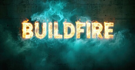 Aufkleber - Fiery text reads BUILDFIRE against dark textured background. Blue smoke swirls around glowing letters, creating dramatic effect.