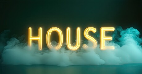 Aufkleber - Bright golden HOUSE lettering floats above teal smoke. Dark background creates dramatic visual impact. Simple, modern design.