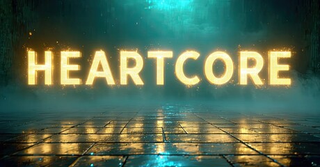 Aufkleber - Glows illuminate wet tiles. Dramatic lighting highlights HEARTCORE text. Dark background creates intense visual impact.