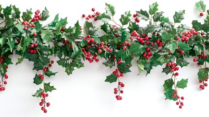 A close-up of a Christmas garland adorned with holly leaves and berries, arranged in a cascading pattern, isolated on white.