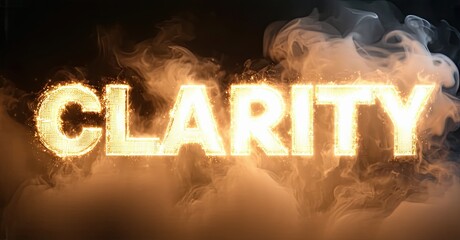 Aufkleber - Glowing text spells CLARITY amid smoke. Dramatic lighting creates intense visual impact. Warm tones dominate composition.