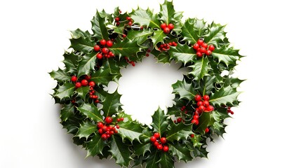 A festive Christmas wreath made entirely of holly leaves and bright red berries, perfectly circular and isolated on a white background.