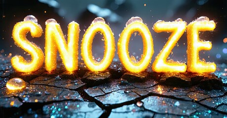 Poster - Glowing text spells SNOOZE over cracked ground. Wet surface reflects light, creating dramatic visual effect. Dark background enhances brightness.