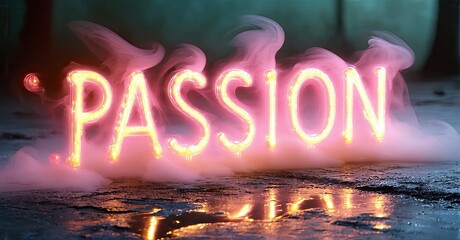 Aufkleber - Bright neon word passion glows, reflecting on wet pavement. Smoke swirls around illuminated letters, creating dramatic effect.