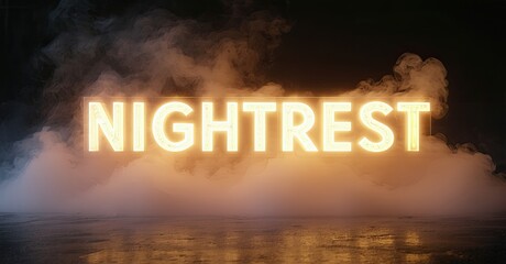 Aufkleber - Glowing NIGHTREST text floats above reflective surface. Dark smoke surrounds illuminated lettering, creating dramatic mood.