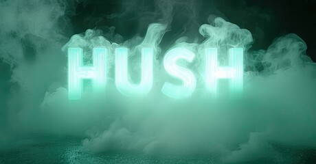 Aufkleber - Bright turquoise HUSH lettering glows amidst swirling smoke. Dark background creates dramatic visual impact. Minimalist design, mysterious vibe.