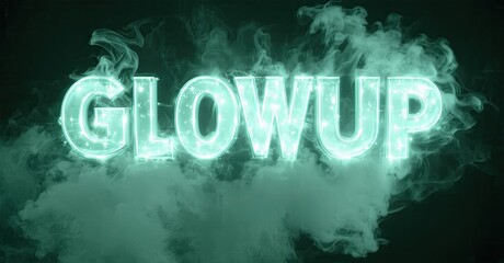 Aufkleber - Bright turquoise GLOWUP text floats amid swirling smoke. Dark background enhances luminous lettering, creating dramatic effect.