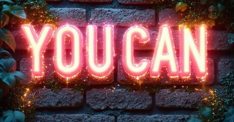 Aufkleber - Bright neon sign displays positive message. Brick wall background with foliage. Dark setting creates dramatic effect. Inspiring words glow vividly.