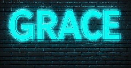 Aufkleber - Bright neon sign spells GRACE against dark brick wall. Glowing turquoise letters create striking visual impact. Simple, bold presentation.