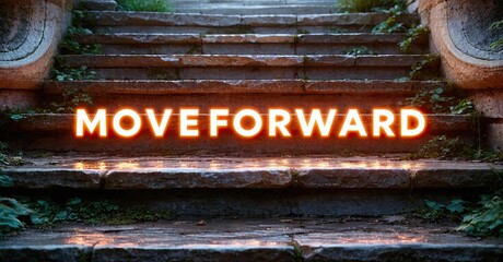 Fototapete - Stone steps illuminated by bright neon text. Message encourages progress, hope. Dark background emphasizes glowing words, inviting ascent.