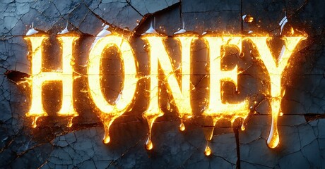 Aufkleber - Glowing word honey drips from fiery letters. Stone wall background provides dramatic contrast. Visually striking typography design.