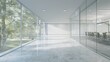 © ffunn - Modern office interior with white walls, wooden floor, panoramic windows and white mock up poster.