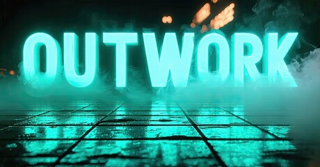 Poster - Bright neon sign spells OUTWORK. Dark stage with glowing grid pattern below text. Fog creates dramatic atmosphere.