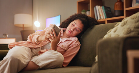 Aufkleber - Woman, bored and phone with texting on sofa, tired and doom scroll with subscription on social media. Girl, smartphone and click on mobile app at night, chat and annoyed on couch in lounge at house