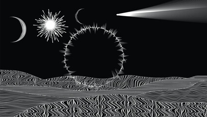 Wall Mural - Stars and exoplanet in outer space. Futuristic landscape, with lines . Night landscape with starry sky .Vector illustration