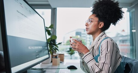 Poster - Business woman, coffee break and reading in office with thinking, morning routine and feedback. Professional, research and web article review with journalist, editor and report for information