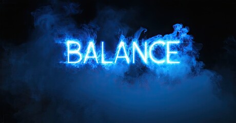 Aufkleber - Bright neon text spells BALANCE amid dark smoke. Blue glow creates dramatic visual impact. Minimalist design focuses on word itself.