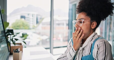 Poster - Computer, tired and woman in office, yawning and fatigue with proofreading for article. Low energy, sleepy or journalist in workplace, pc or editor with burnout, exhausted or research for news report