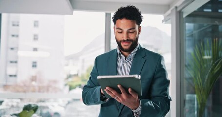 Fototapete - Office, typing and business man on tablet for financial report, online results and stock market news. Professional, corporate and person on digital tech for finance review, stocks update and website