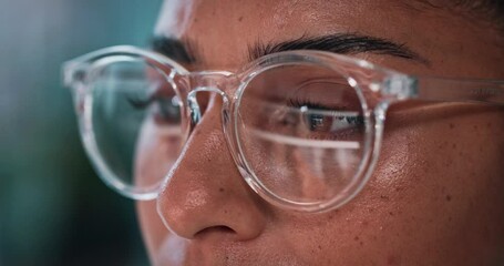 Leinwandbilder - Glasses, reflection and online with business woman in office for web designer, research or article layout. Reading, digital magazine and spectacles with closeup of person in media agency for editing