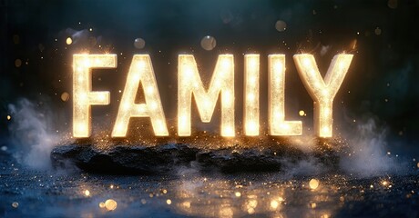 Aufkleber - Glowing word family rests upon dark rock. Sparks, smoke create dramatic visual effect. Blue tones dominate background.