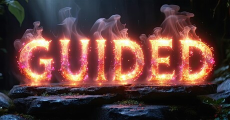Aufkleber - Fiery text spelling GUIDED rests upon stone. Smoke rises, creating dramatic visual effect. Dark background enhances glowing letters.