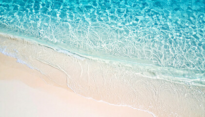  sea water background, High angle view of crystal clear water gently washing over pure white sand, creating a calm, tropical seaside pattern perfect for natural background or texture