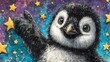 © aisyah - Penguin Among the Stars: A whimsical painting of a cute penguin chick reaching for golden stars in a vibrant cosmic background.