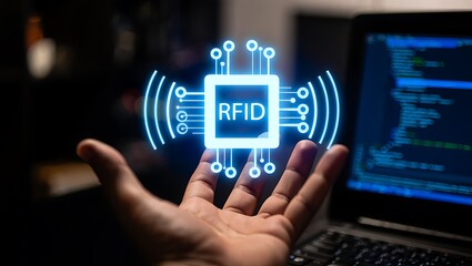 A glowing rfid chip hovers above an open hand, set against a backdrop of blurred code on a laptop screen