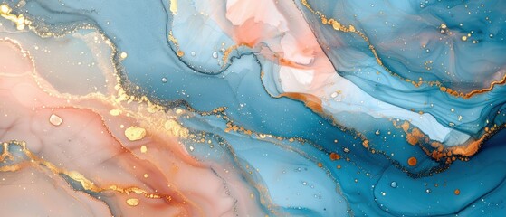 Wall Mural - Alcohol swirl ink pastel blue white light pastel pink gold sparkles.