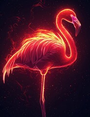 Wall Mural - neon flamingo illustration glowing with intense red and orange light on one leg against a dark backg