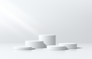 realistic white 3d cylindrical product podium background in white empty clean wall scene.