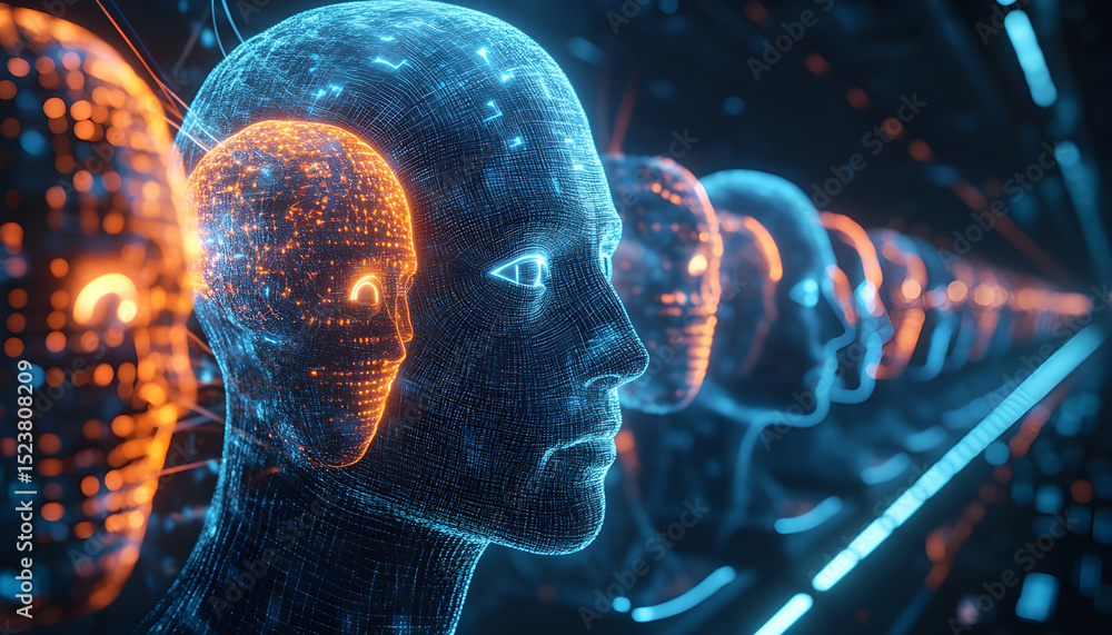 Human consciousness being uploaded into a quantum computer, glowing ...
