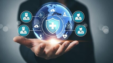 Person holding hand with medical shield and icons representing healthcare and technology concept