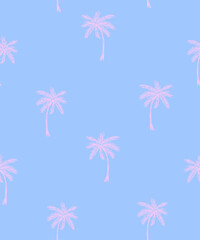 Wall Mural - palm trees seamless vector pattern. pink-blue tropical forest wallpaper. childish drawing-like jungl