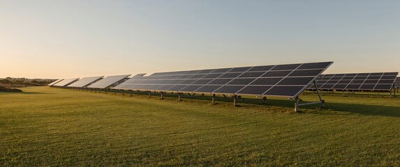 Solar Panel Array in Grassy Field at Sunset, Capturing Sustainable Energy, Investment.