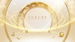 © witsanu - Cream luxury background with gold frame, ribbon and ball with disco light scene decoration. Vector illustration design suitable for product promotion backdrop element or award ceremony.