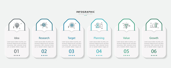 Fototapete - Vector infographic template design. 6 Step timeline journey, Flat simple infographics design template. presentation graph. Business concept with numbers 6 options or steps vector illustration.