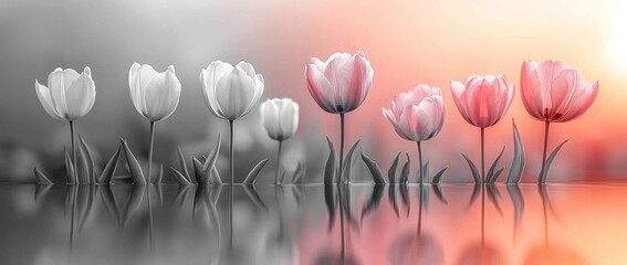Wall Mural - row of white and pink tulips with soft reflections on water and a dreamy gradient background blendin