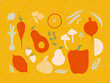 © Nadine Greeff - Colorful food illustration. Vegetables legumes fruit herbs beans on yellow background