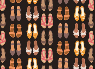 Vector seamless pattern with summer shoes. Texture with flip flops, sandals and women shoes in beige tones on dark brown background. Fashionable background