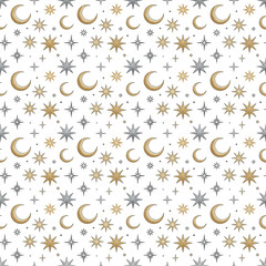 seamless pattern of gold and silver moons and stars on transparent background, concept for textile, 