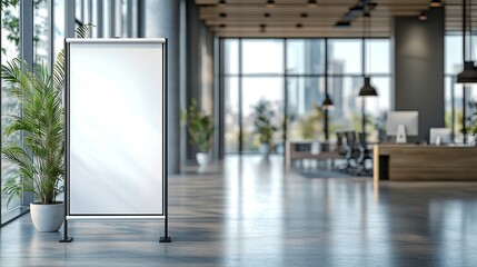 Fototapete - White roll-up banner stand mockup in modern office setting with large windows and greenery