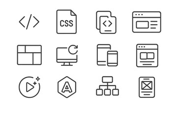web development icon set: css, layout, mobile design, coding symbols