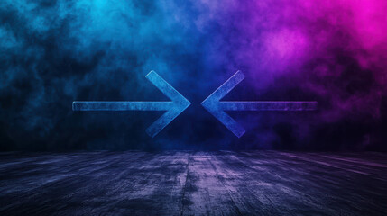 Wall Mural - abstract background with blue and purple smoke, arrows pointing in opposite directions, and a wooden