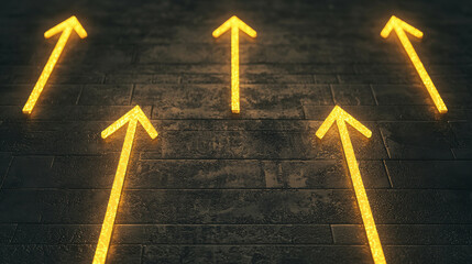 Wall Mural - yellow glowing arrows pointing upwards on a textured dark surface, symbolizing growth, progress, or 