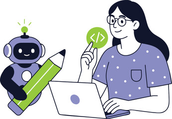 ai assisted coding vector illustration. woman coding with robot assistant.