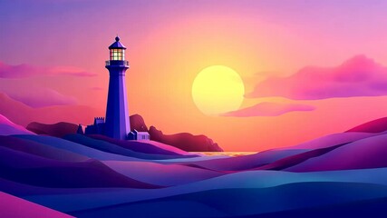Wall Mural - a stylized lighthouse stands tall on a vibrant, layered landscape at sunset, bathed in warm, purplis